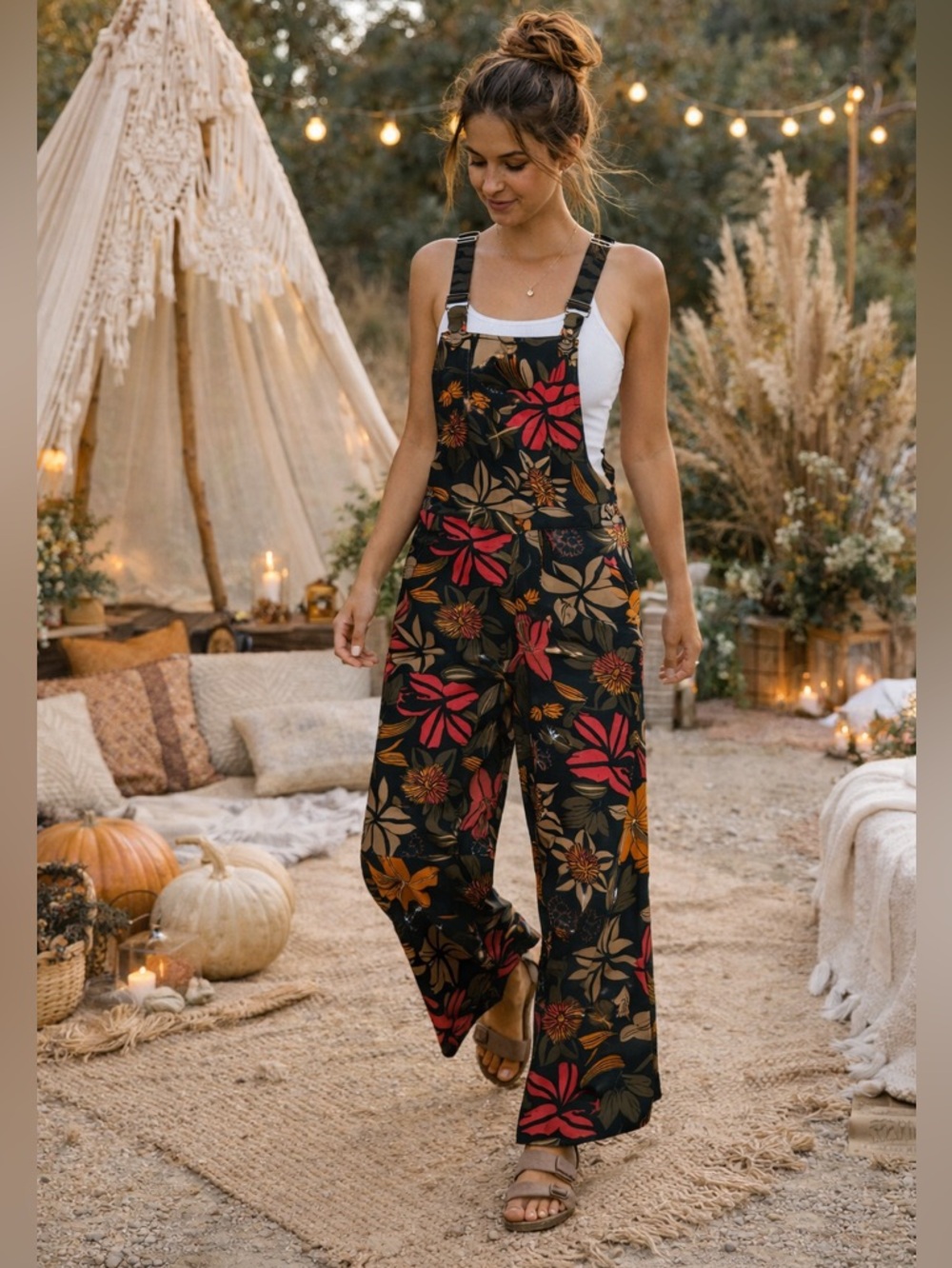 NWT Los Banditos Floral Wide Leg Overalls Boho Retro Jumpsuit S